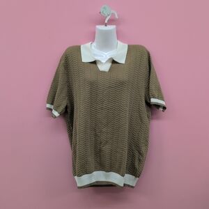 Hoooyi Texture Contrast Knitted V Neck Men's Polo Shirt Medium Tan